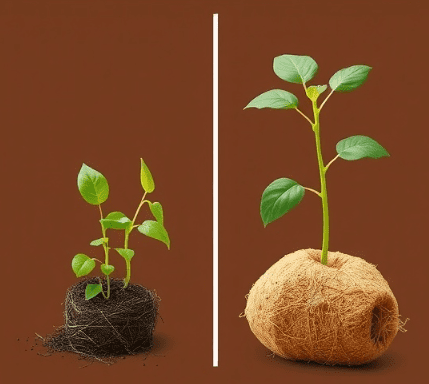 two plants growing in soil and coco coir
