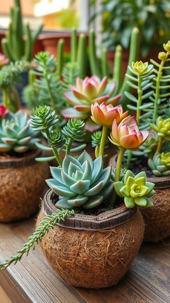 Various succulent plants in coco coir pots, showcasing their vibrant colors and healthy growth.