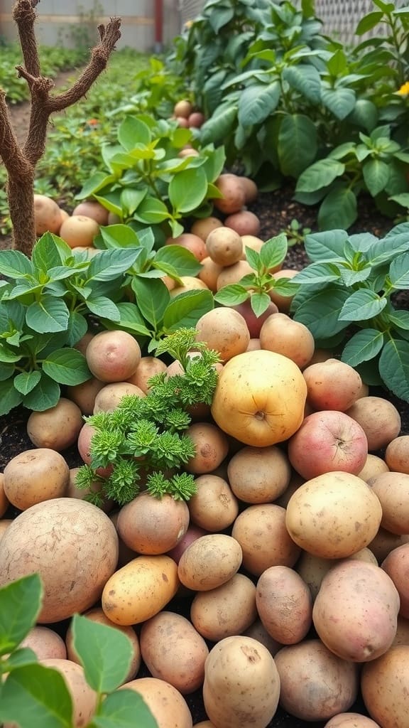 A vibrant assortment of potatoes among green leaves in a garden bed.