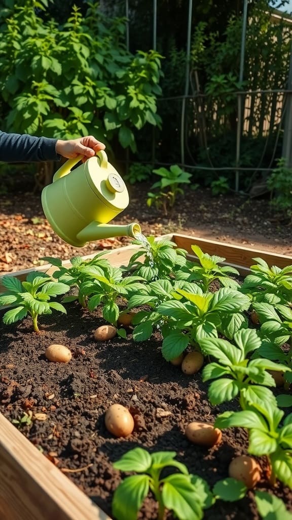 Gardener watering potato plants in a raised garden bed