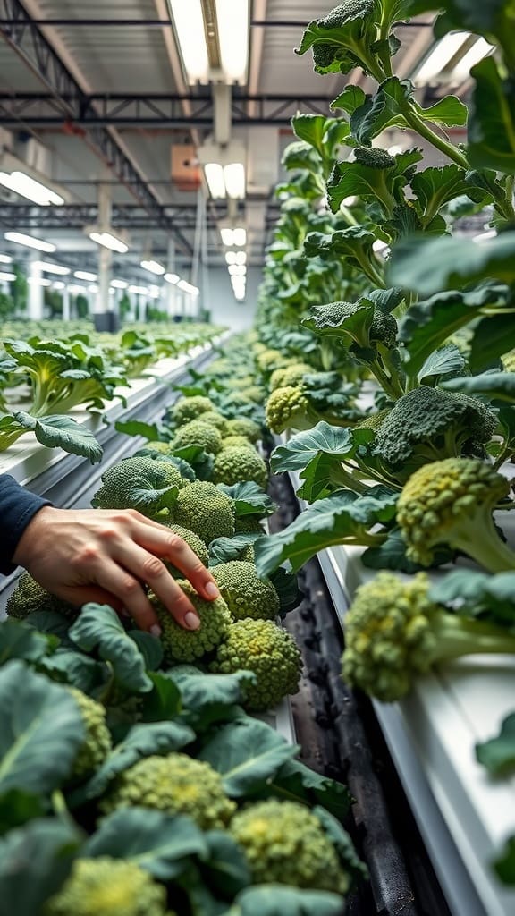 A hand reaching for ripe broccoli heads in a hydroponic garden, showcasing healthy growth and organized planting.