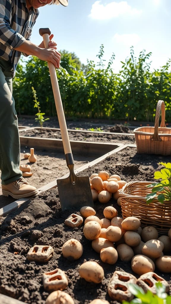 A person harvesting potatoes from a raised garden bed, showing a variety of freshly dug potatoes beside a basket.