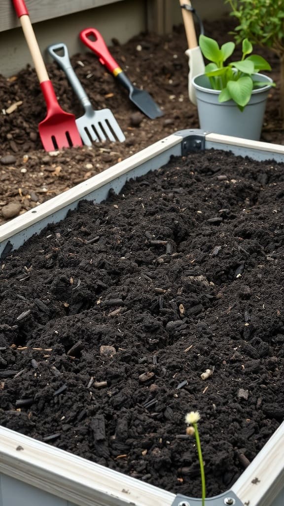 A raised garden bed filled with dark soil, surrounded by gardening tools.