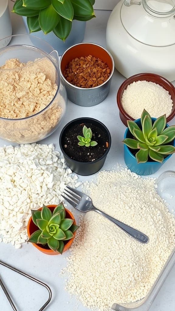 Various ingredients for creating a succulent soil mix, including coconut coir, coarse sand, and small plants.