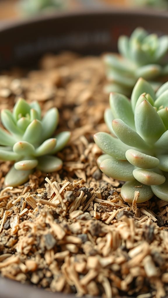 Succulent plants growing in a pot with coco coir as part of the soil mix.